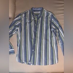 Tommy Bahamas Pima Cotton Men's Striped Blue and Green Collar Shirt